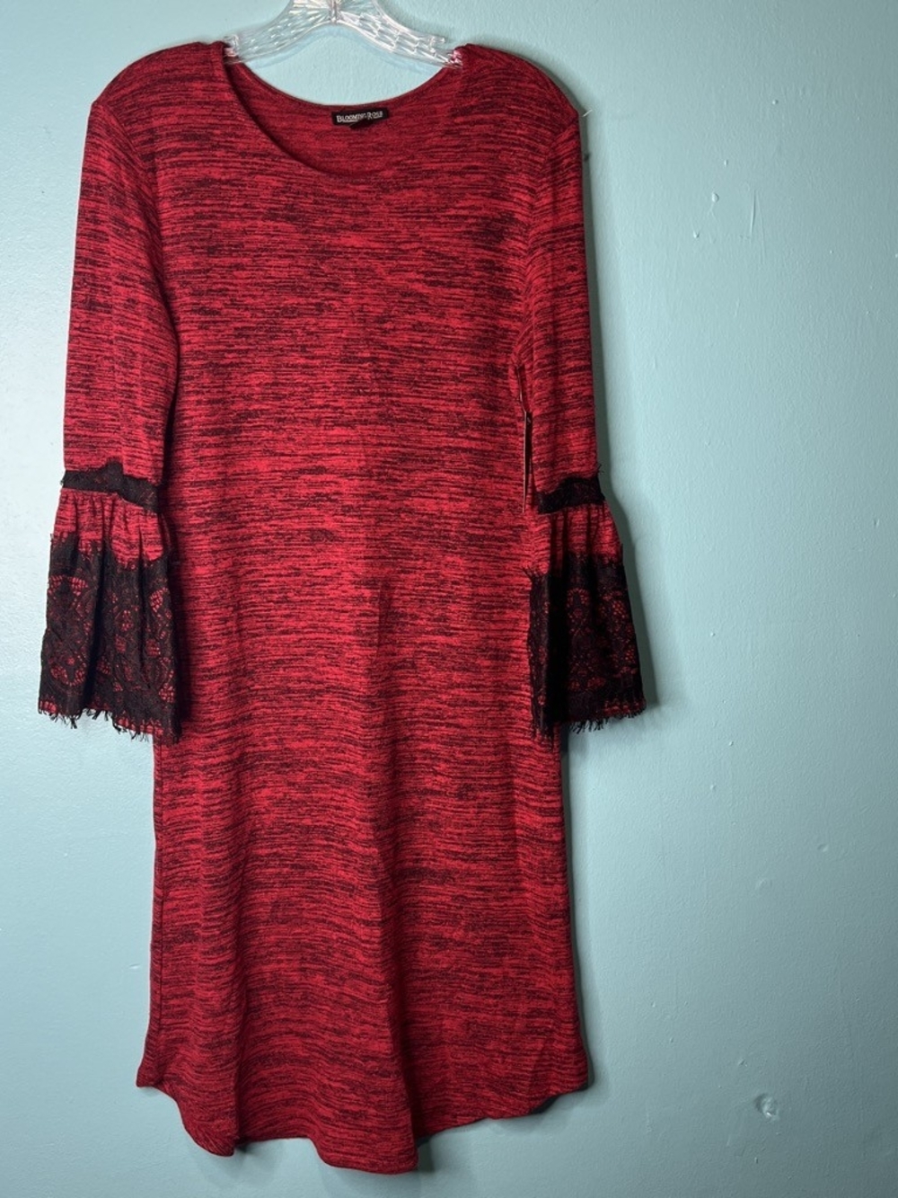 Red Knit Dress with Black Lace Bell Sleeves